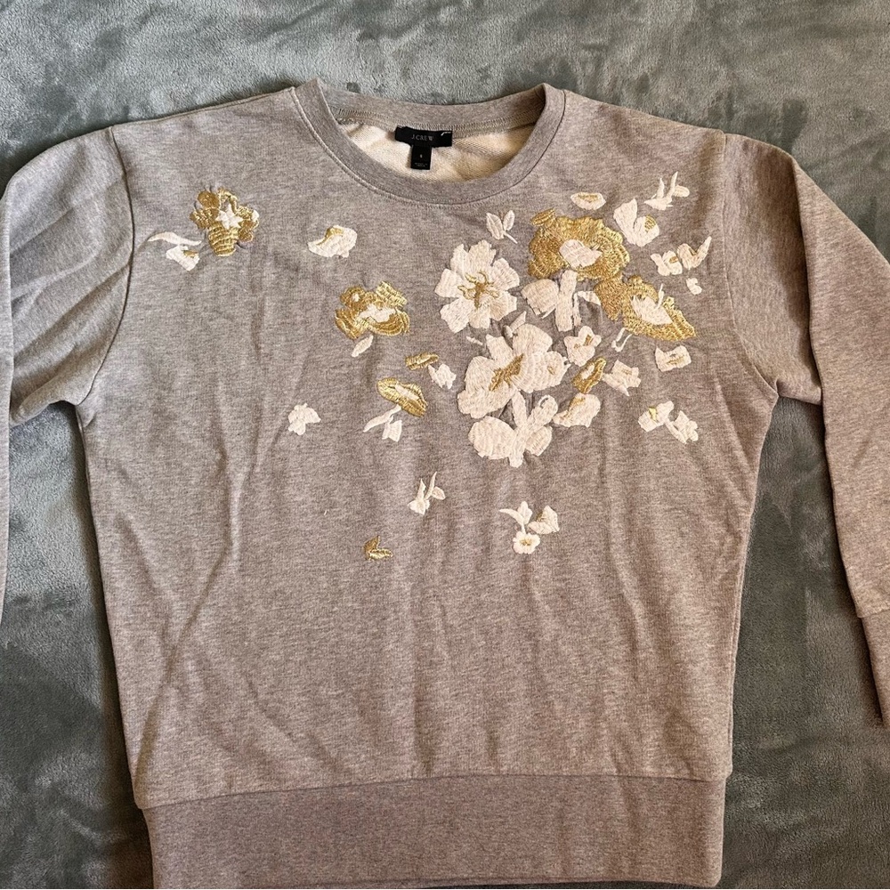 J. Crew Gray Sweatshirt with Floral Embroidered Accents in White and Gold